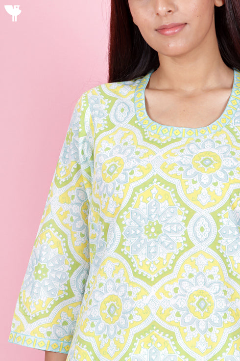 Cambric Cotton Kurta And Pant Set With Kota Dupatta In Block Print